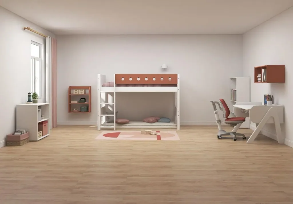 FLEXA Hochbett, Mittelhohes Bett - Mitwachsendes, Kinderbett mit Stauraum, 90x200 cm, Farbe: Weiß/Errröten