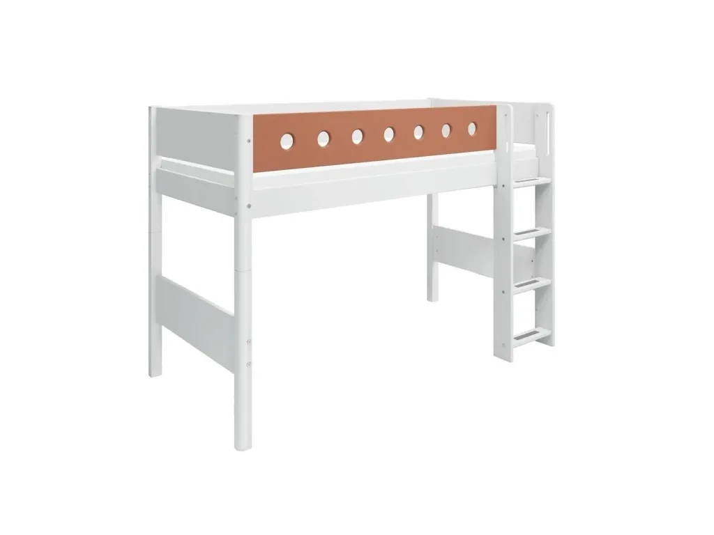 FLEXA Hochbett, Mittelhohes Bett - Mitwachsendes, Kinderbett mit Stauraum, 90x200 cm, Farbe: Weiß/Errröten