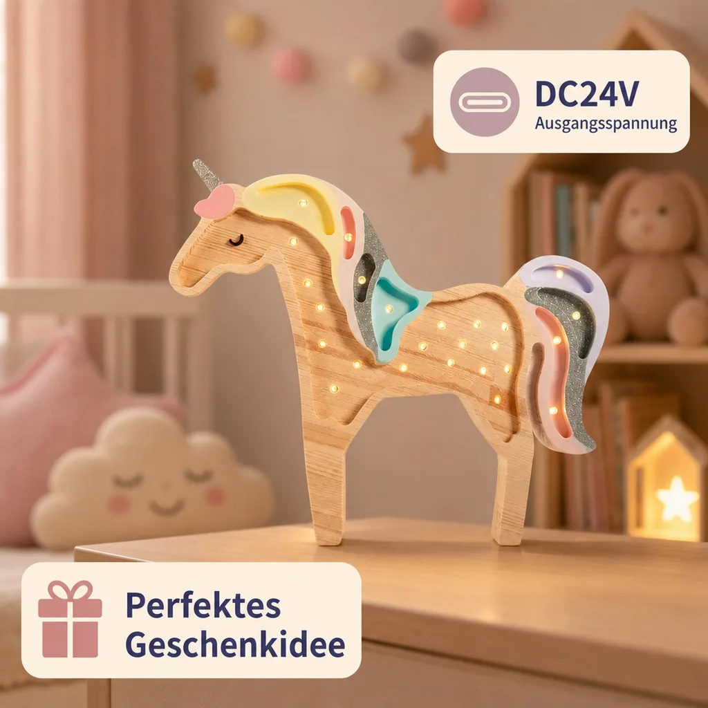 Little Lights Nachtlicht Kinder, Nachtlampe Einhorn - 100% Kiefernholz natur, Farbe: Regenbogenholz