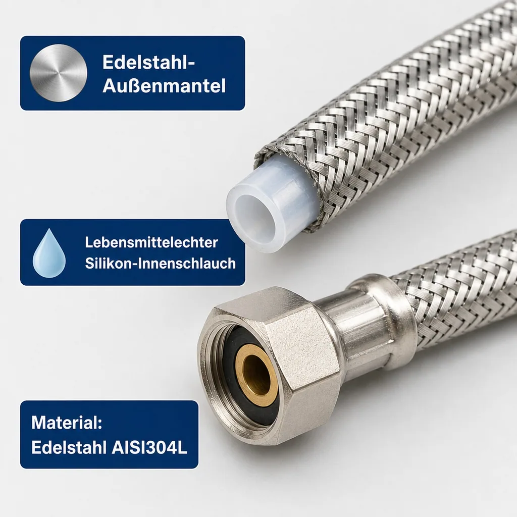 Panzerschlauch, Flexschlauch, Edelstahl, DN8, 500 mm, Trinkwasser