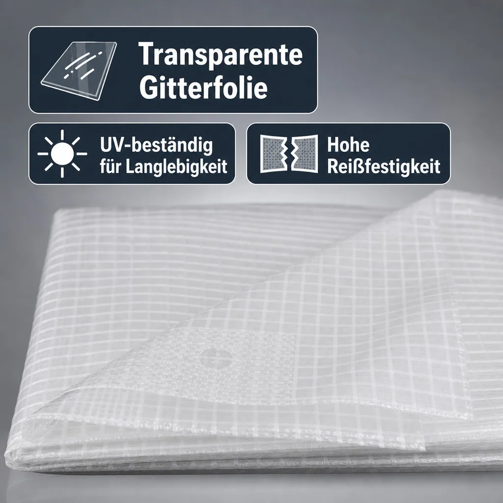 Abdeckplane transparent, Gitterfolie 4x8 (32m²), Reißfest und UV-Stabil