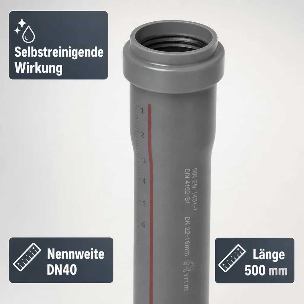 HT Rohr 40mm, Abwasserrohr, DN40, 500mm, grau