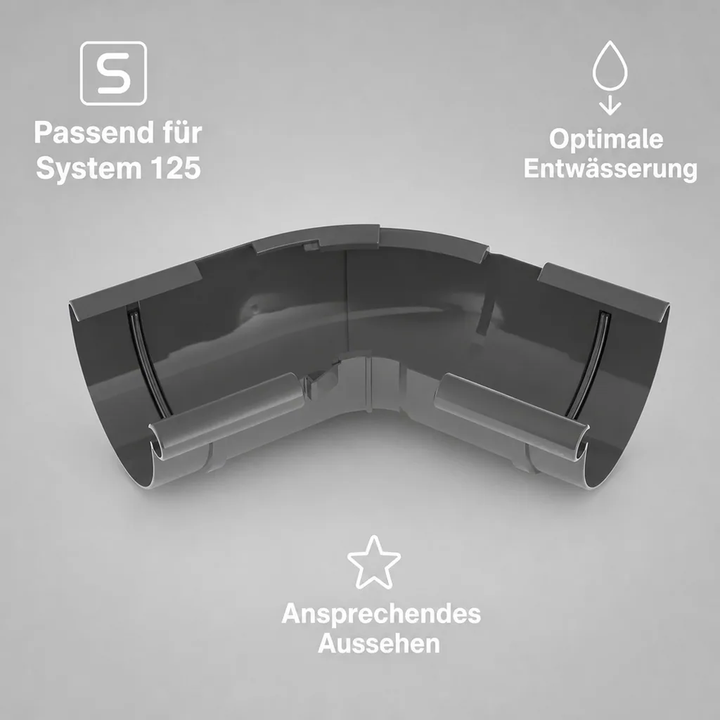 Regenrinne Eckstück, Innen, Graphit, System 125, einstellbarer Winkel