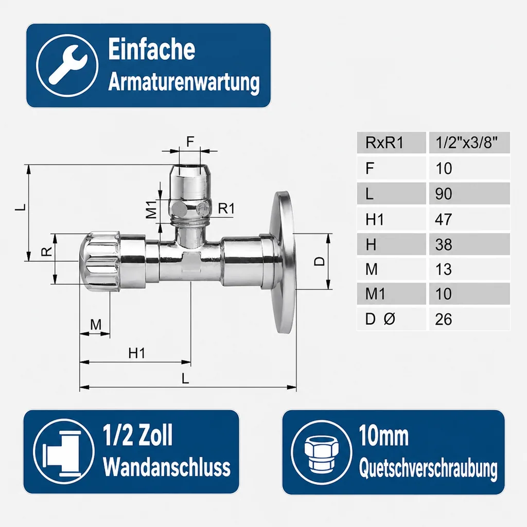 Eckventil 1/2 Zoll, verchromt, mit Quetschverschraubung 10mm