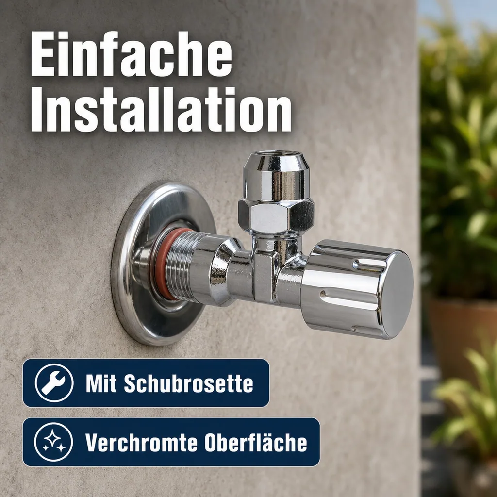 Eckventil 3/8", selbstdichtend, verchromt, mit Rosette