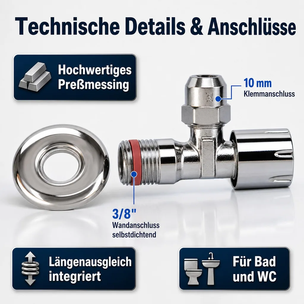 Eckventil 3/8", selbstdichtend, verchromt, mit Rosette