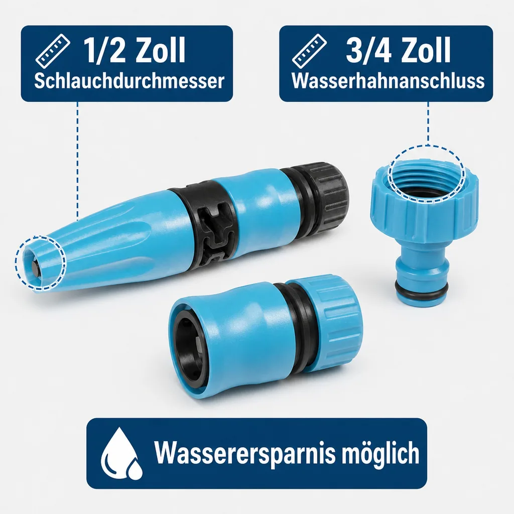 Gartenschlauch Set, 1/2 Zoll Schlauchkupplung, Wassersprenger, Wasserhahnanschluss 3/4 Zoll