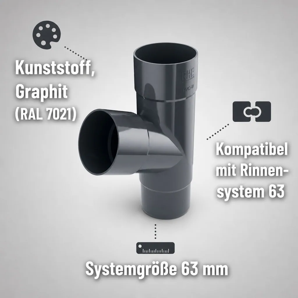 Regenrinne T-Stück Graphit, Fallrohr 63mm, Dachrinne Zubehör