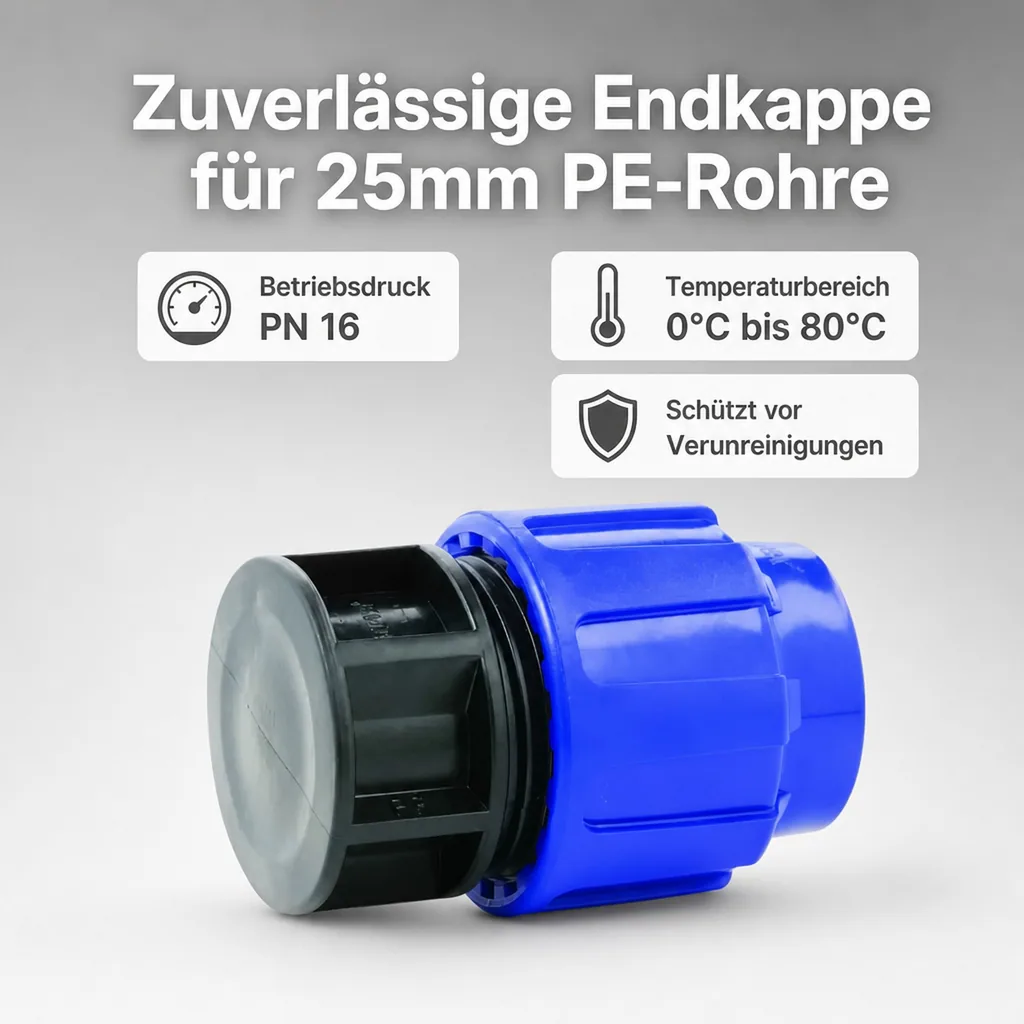 PE Rohr Verschraubung, Endkappe 25mm, Klemmfitting, Trinkwasser, PP/PE