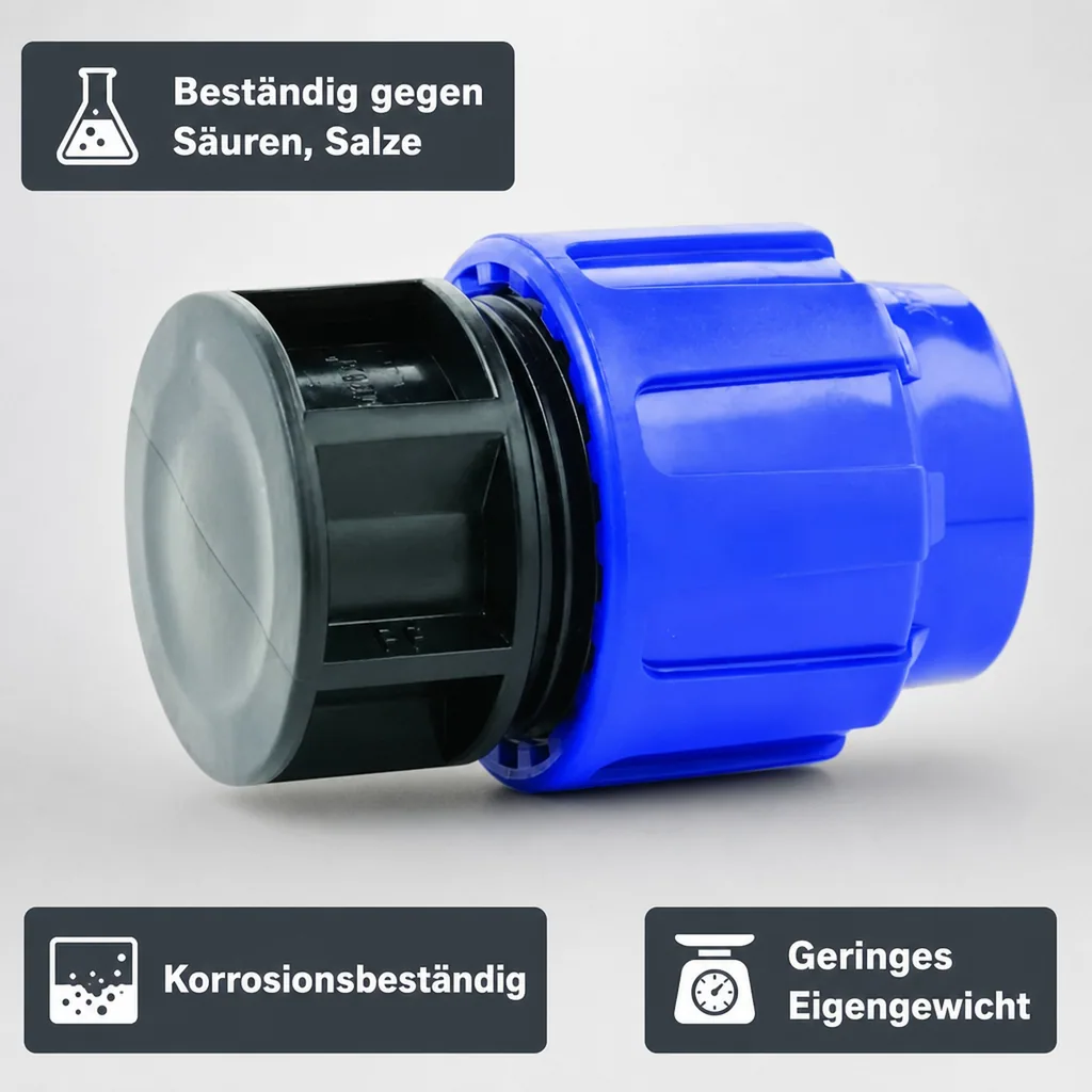 PE Rohr Verschraubung, Endkappe 25mm, Klemmfitting, Trinkwasser, PP/PE