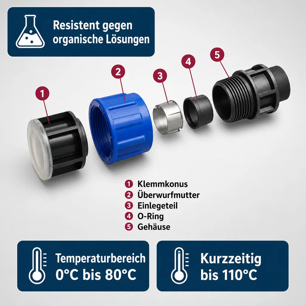 PE Rohr Verschraubung, Rohr Endkappe 32mm, Klemmverschraubung