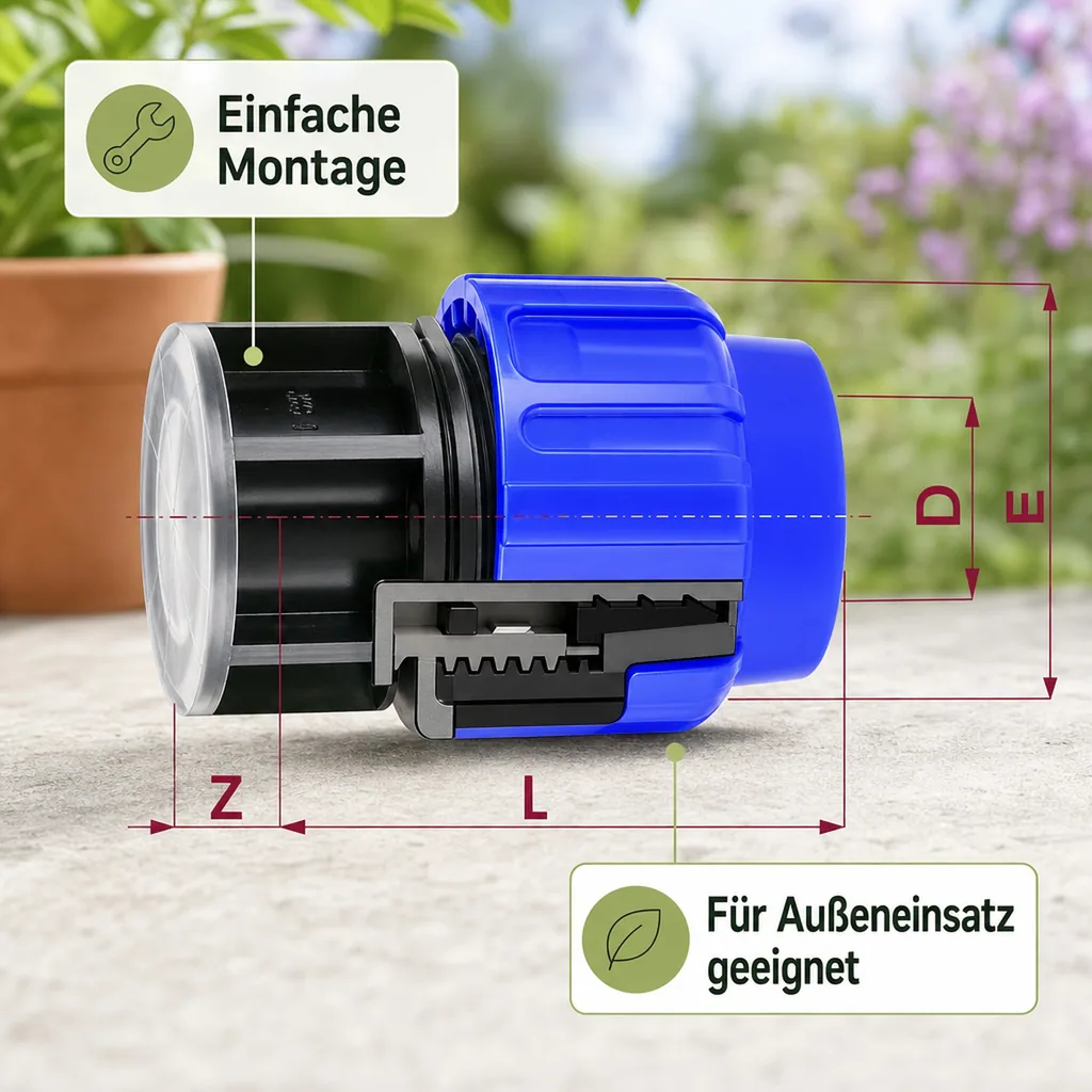 PE Rohr Verschraubung, Rohr Endkappe 32mm, Klemmverschraubung