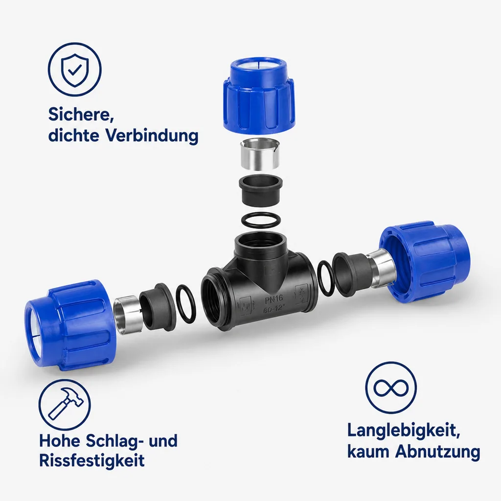 PE Rohr Verschraubung, T-Stück reduziert 40x32x40, Klemmverbinder Rohr
