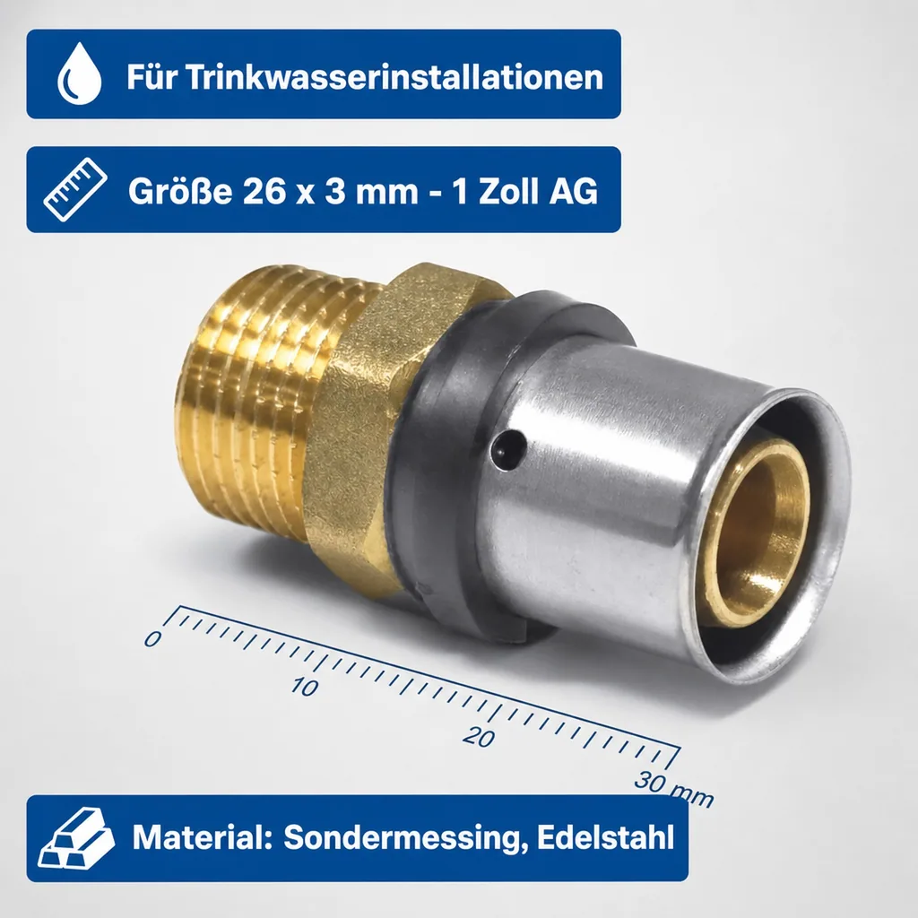 Pressfitting Kupplung 26 x 3 - 1 Zoll AG, Pressverbinder