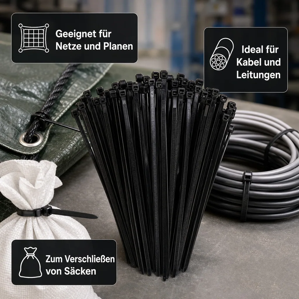 100 Kabelbinder 300x4,8mm schwarz (UV-stabilisiert) PA6.6
