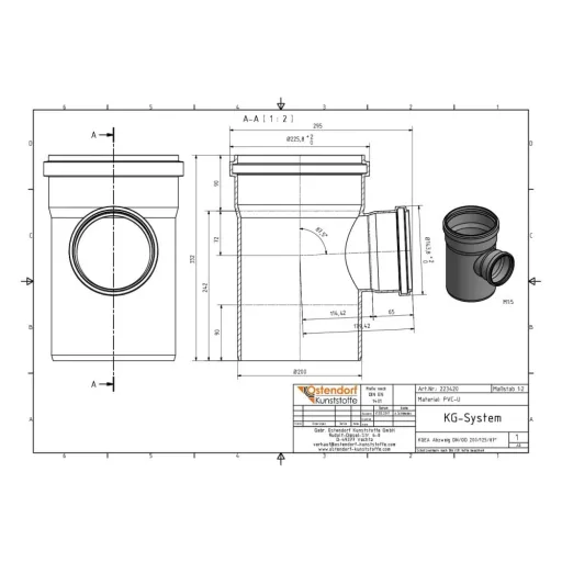 KG Rohr Abzweig, Abwasserrohr Abzweig DN 200/125, 87 Grad