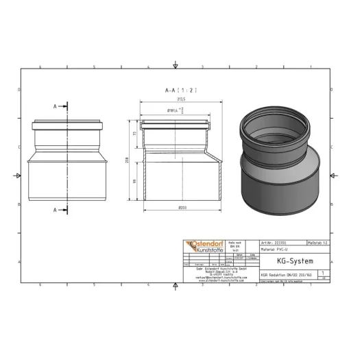 KGR Reduktion DN 200/160, KG Rohr Reduzierung, PVC Abwasserrohr