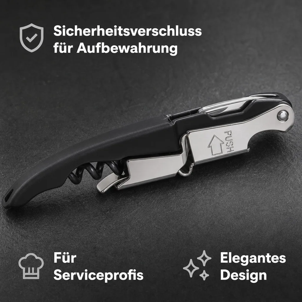 RAPIDO Kellnermesser, Sommeliermesser mit Kapselheber, Schwarz beschichtet, Hochwertiger Edelstahl