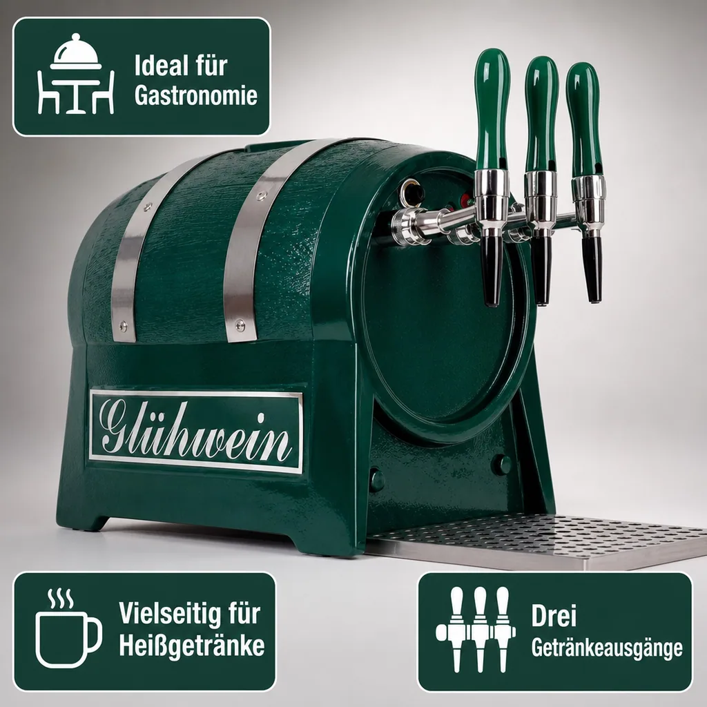Glühweinzapfanlage, Getränke-Durchlauferhitzer, 3-leitig mit integriertem Luftkompressor, 9kW, Fassformgehäuse