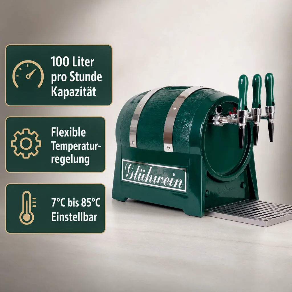 Glühweinzapfanlage, Getränke-Durchlauferhitzer, 3-leitig mit integriertem Luftkompressor, 9kW, Fassformgehäuse