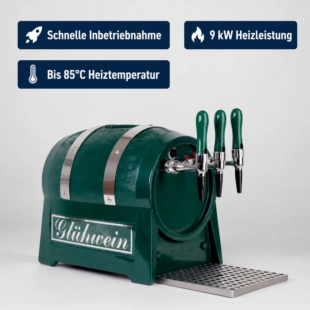 Glühweinzapfanlage, Getränke-Durchlauferhitzer, 3-leitig mit integriertem Luftkompressor, 9kW, Fassformgehäuse