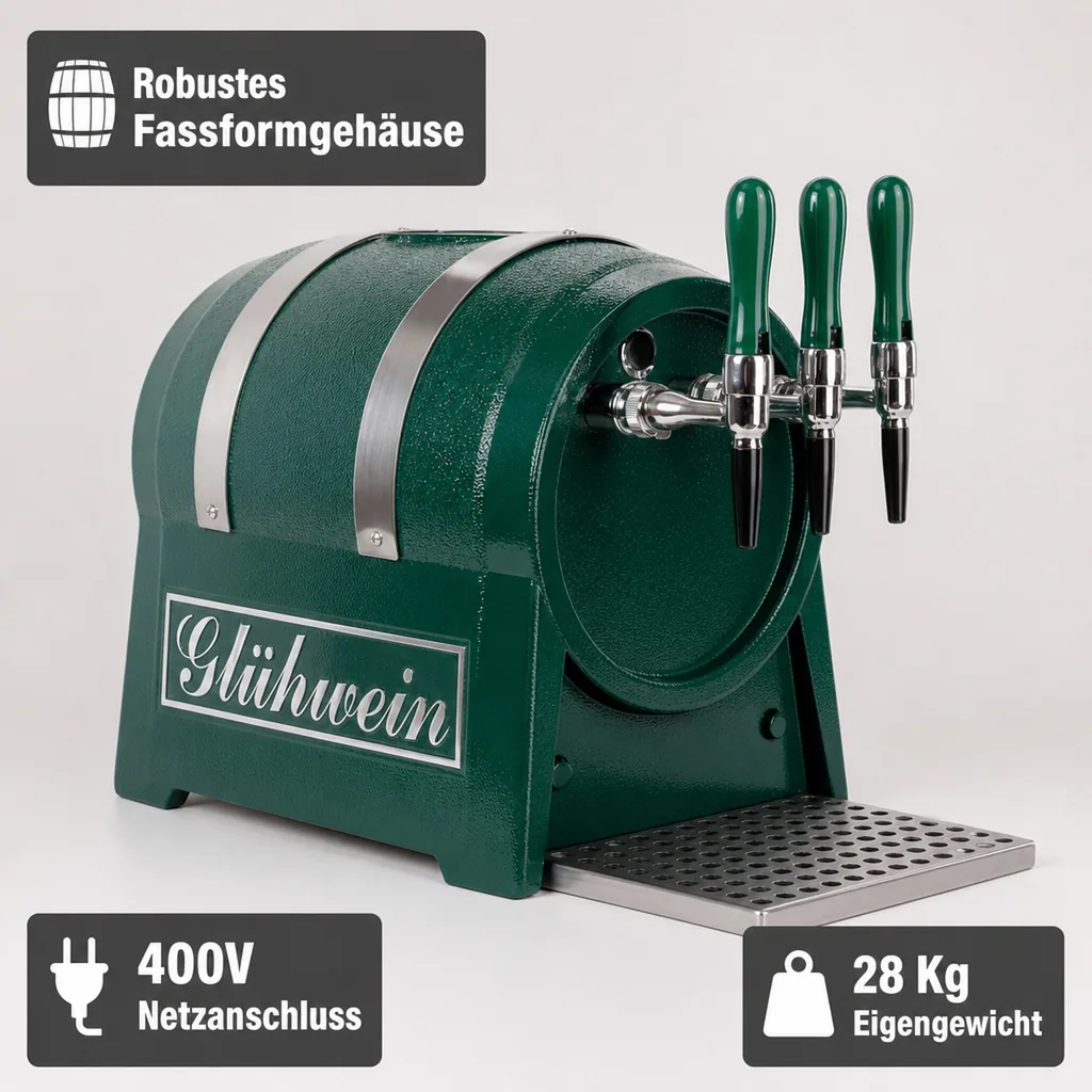 Glühweinzapfanlage, Getränke-Durchlauferhitzer, 3-leitig mit integriertem Luftkompressor, 9kW, Fassformgehäuse
