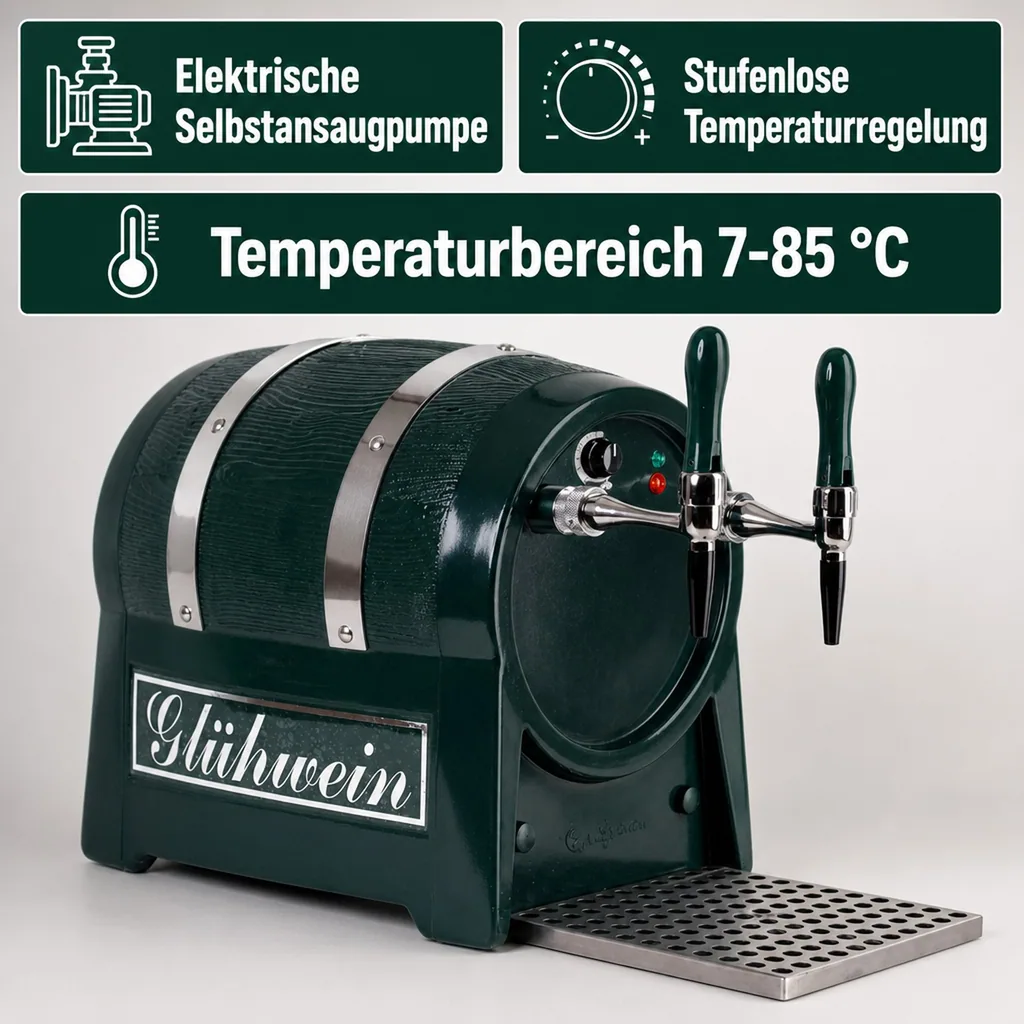 Glühweinzapfanlage, Getränke-Durchlauferhitzer, 9kW, Fassform, mit elektrischer Pumpe, 2-leitig