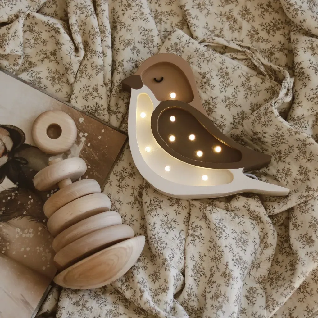 Little Lights Nachtlicht Kinder, Nachtlampe Mini-Vogel - 100% Kiefernholz natur, Farbe: Kaffeebeige