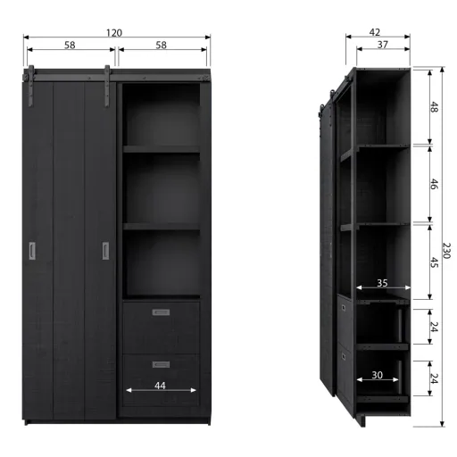Woood Schiebetür Schrank sägerau schwarz
