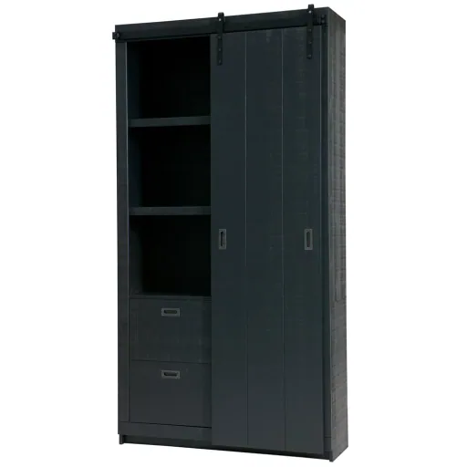 Woood Schiebetür Schrank sägerau schwarz