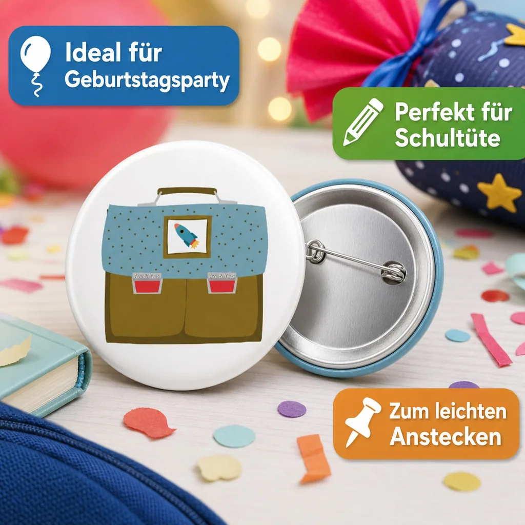 Ava & Yves Kinder Button / Anstecker Ranzen blau