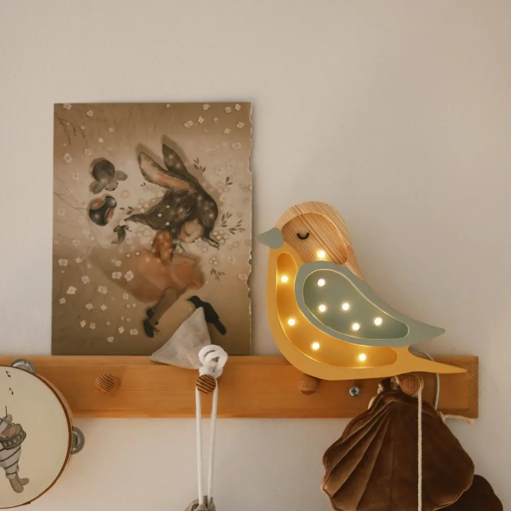 Little Lights Nachtlicht Kinder, Nachtlampe Mini-Vogel - 100% Kiefernholz natur, Farbe: Khaki/heller Senf