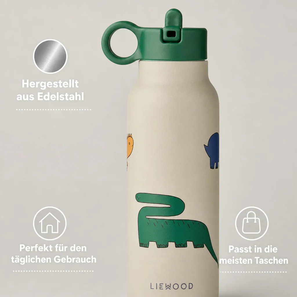 Liewood Kinder Wasserflasche, Trinkflasche Falk 350 ml - Recycelter Edelstahl, Isoliert, Auslaufsicher, Farbe: Dinosaurier / Nebel
