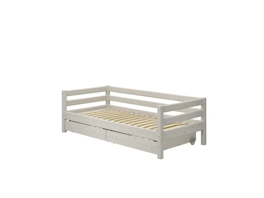 FLEXA Classic Kinderbett, Einzelbett - Gemütliches Sofa-Bett mit 2 Schubladen & Skandinavischem Design, 90x200 cm, Farbe: Weiß gewaschene Kiefer