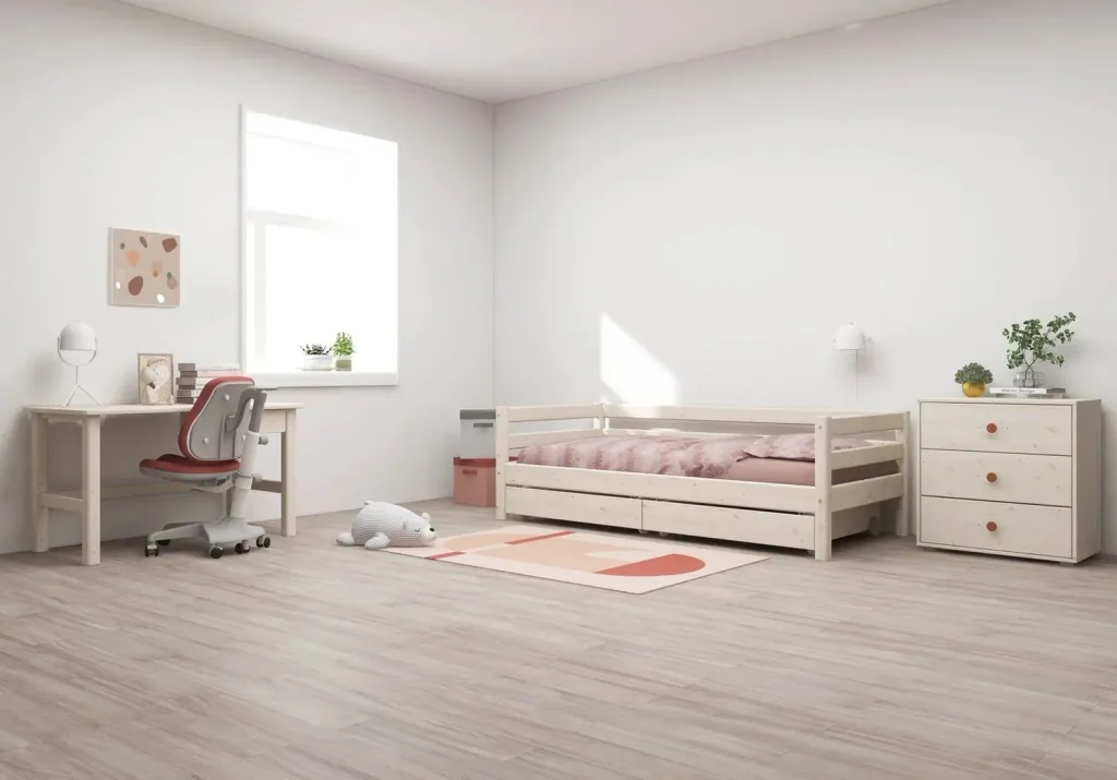 FLEXA Classic Kinderbett, Einzelbett - Gemütliches Sofa-Bett mit 2 Schubladen & Skandinavischem Design, 90x200 cm, Farbe: Weiß gewaschene Kiefer
