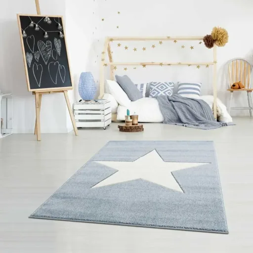 Livone Kinderteppich Stern weiss auf blau, Teppichgrösse: 120 x 180 cm