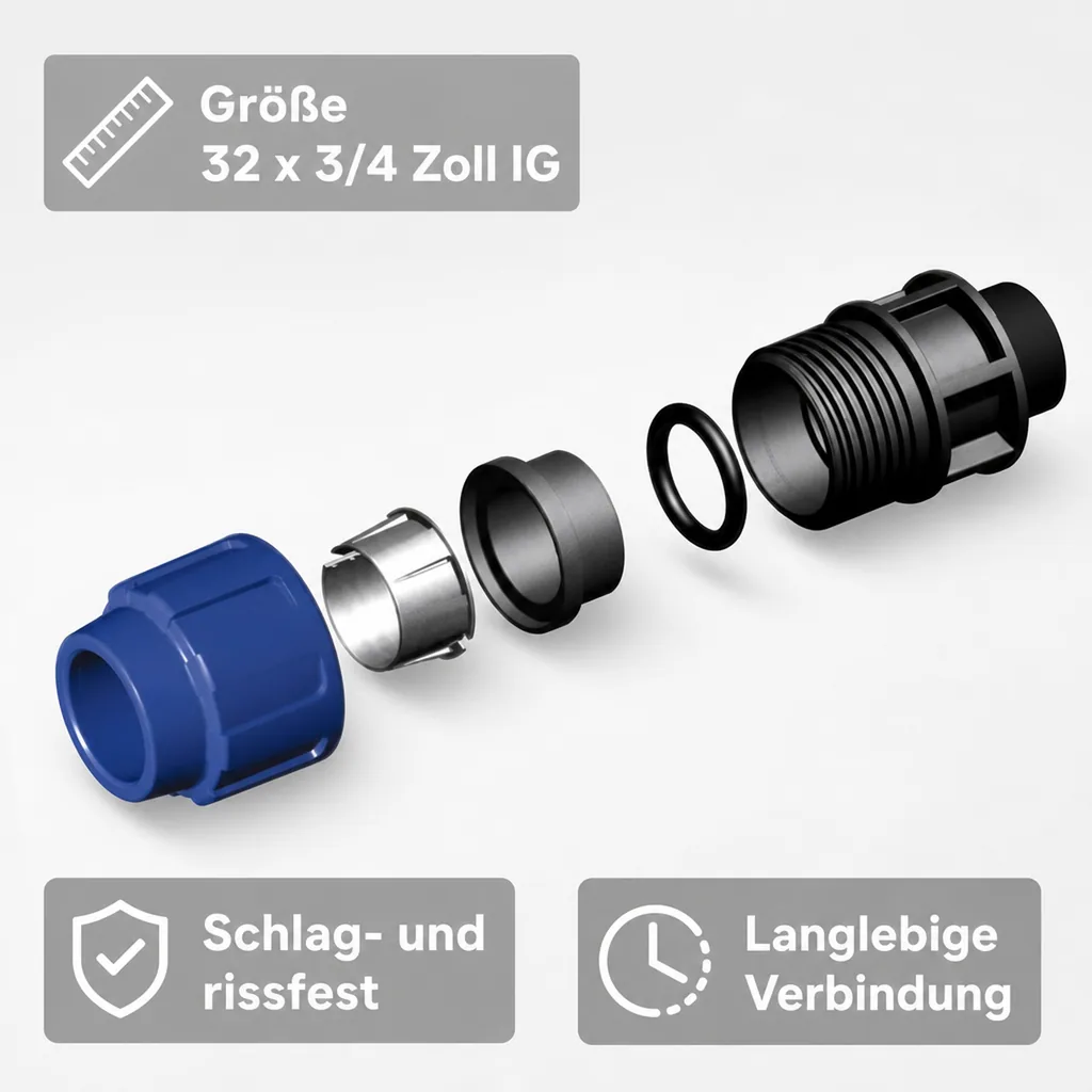 PE Rohr Verschraubung 32mm, Trinkwasser, PP Klemmverbinder