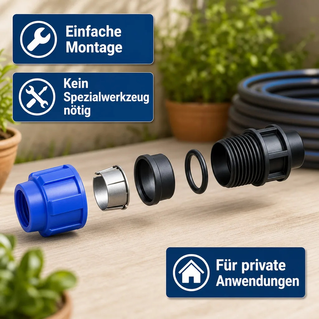 PE Rohr Verschraubung 32mm, Trinkwasser, PP Klemmverbinder