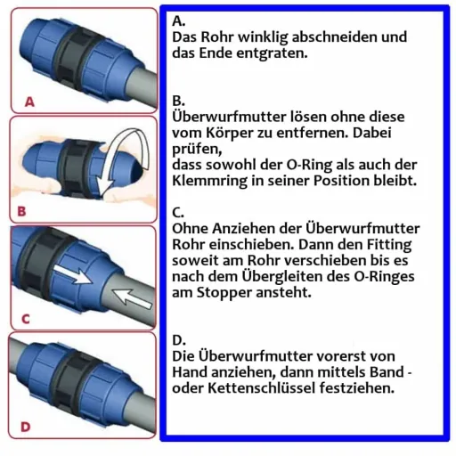 PE Rohr Verschraubung, Winkel 90°, 40mm Klemmverschraubung, Trinkwasser geeignet