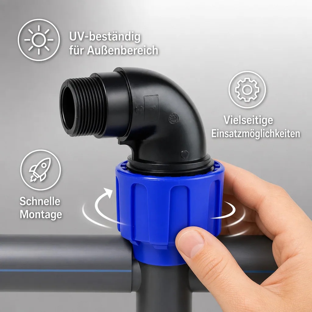 PE Rohr Verschraubung, Winkel 90°, 40mm Klemmverschraubung, Trinkwasser geeignet