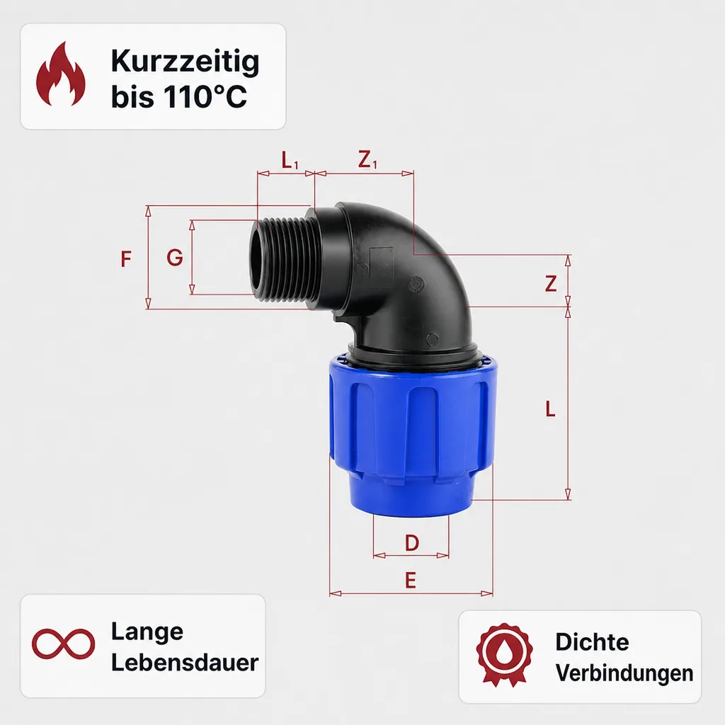 PE Rohr Verschraubung, Winkel 90°, 40mm Klemmverschraubung, Trinkwasser geeignet