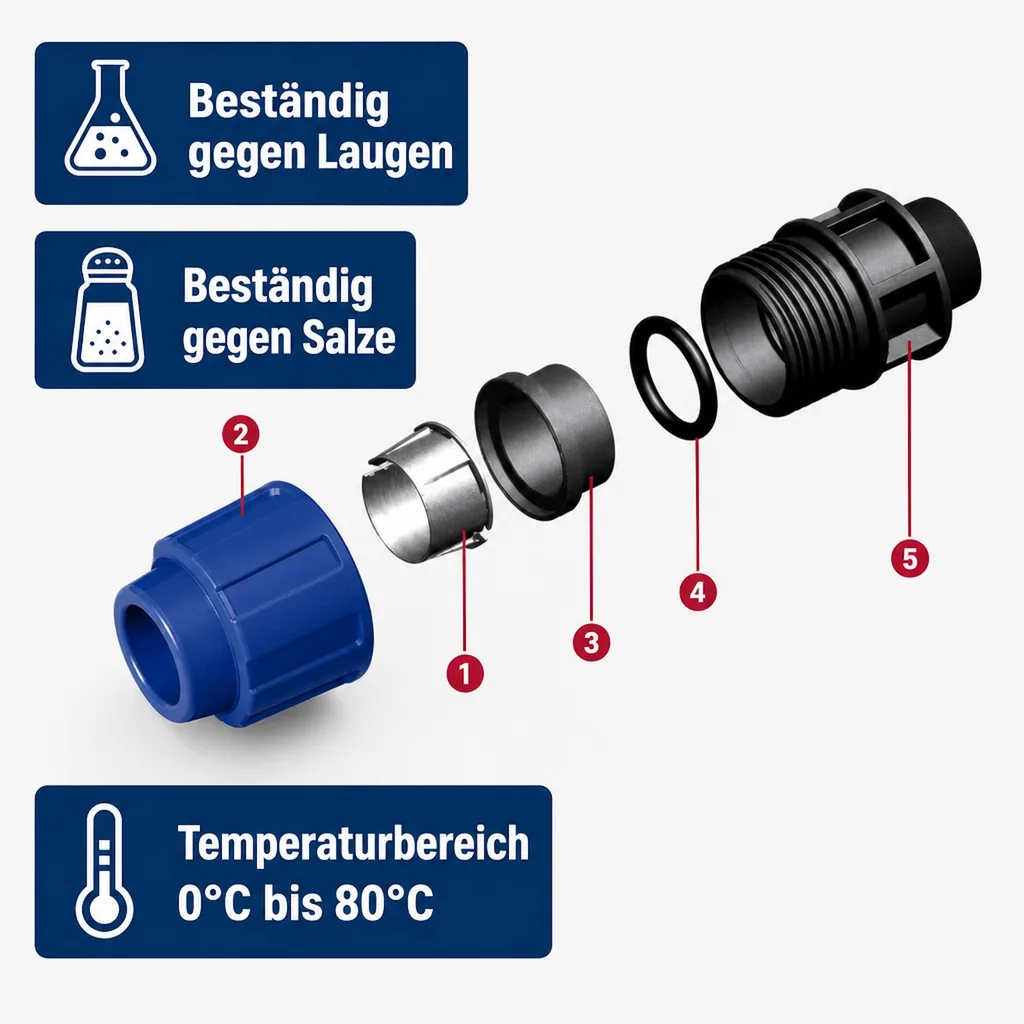 PE Rohr Verschraubung, Winkel 90°, 40mm Klemmverschraubung, Trinkwasser geeignet