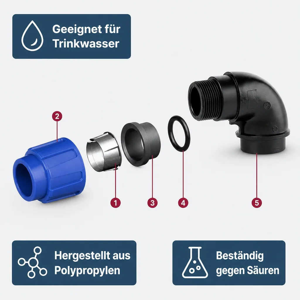 PE Rohr Verschraubung, Winkel 90°, 40mm Klemmverschraubung, Trinkwasser geeignet