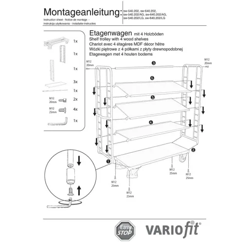 Etagenwagen mit 4 Böden 250 kg Traglast Typ M + EasySTOP