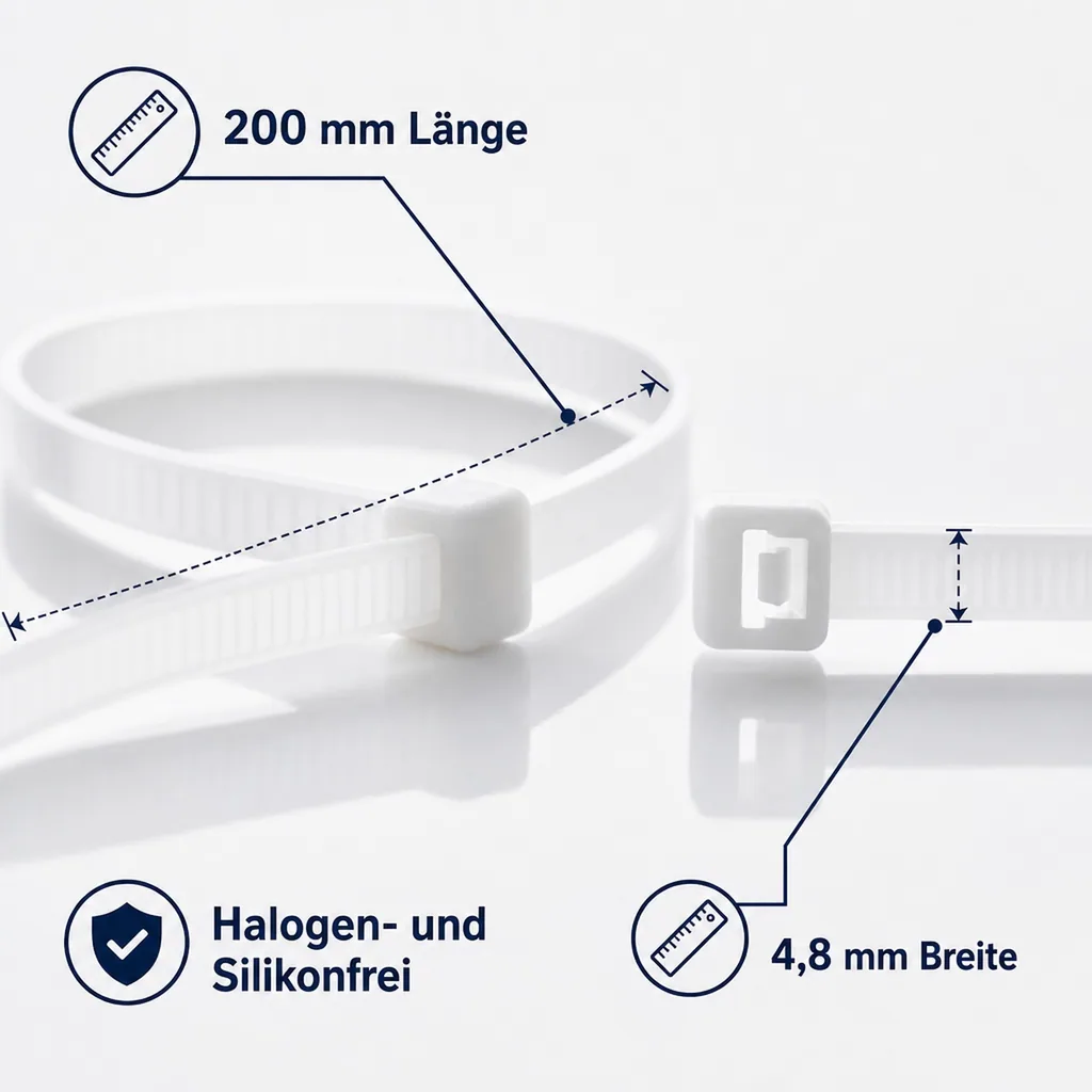 Kabelbinder 200x4,8mm, 100 Stück, natur weiß, PA6.6, Standard Kabelbinder