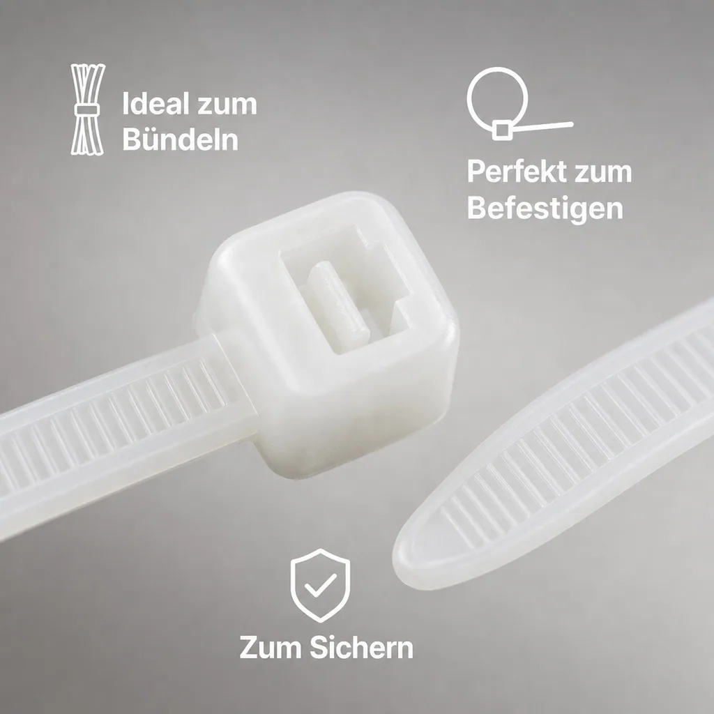 Kabelbinder 200x4,8mm, 100 Stück, natur weiß, PA6.6, Standard Kabelbinder