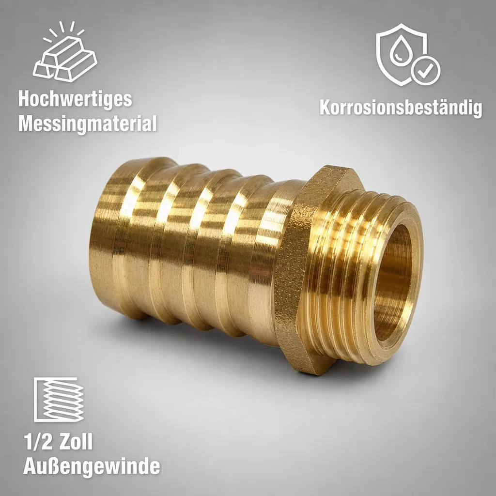Schlauchanschluss Messing, 1/2 Zoll, 13mm, Außengewinde