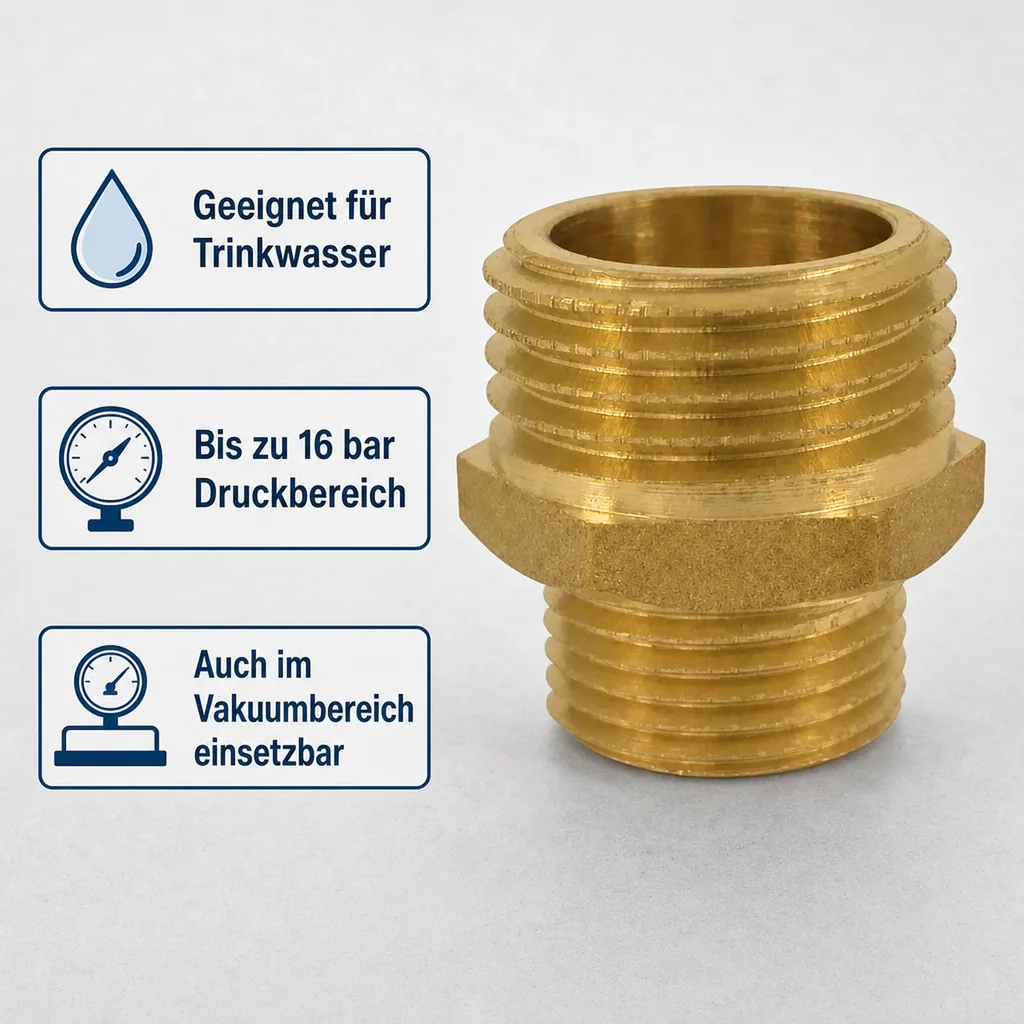 Doppelnippel Messing, Gewindefitting reduziert 1" AG x 1 1/2" AG