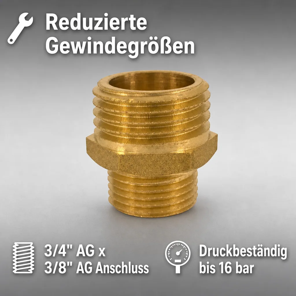 Doppelnippel reduziert, Messing Gewindefitting, 3/4 AG x 3/8 AG