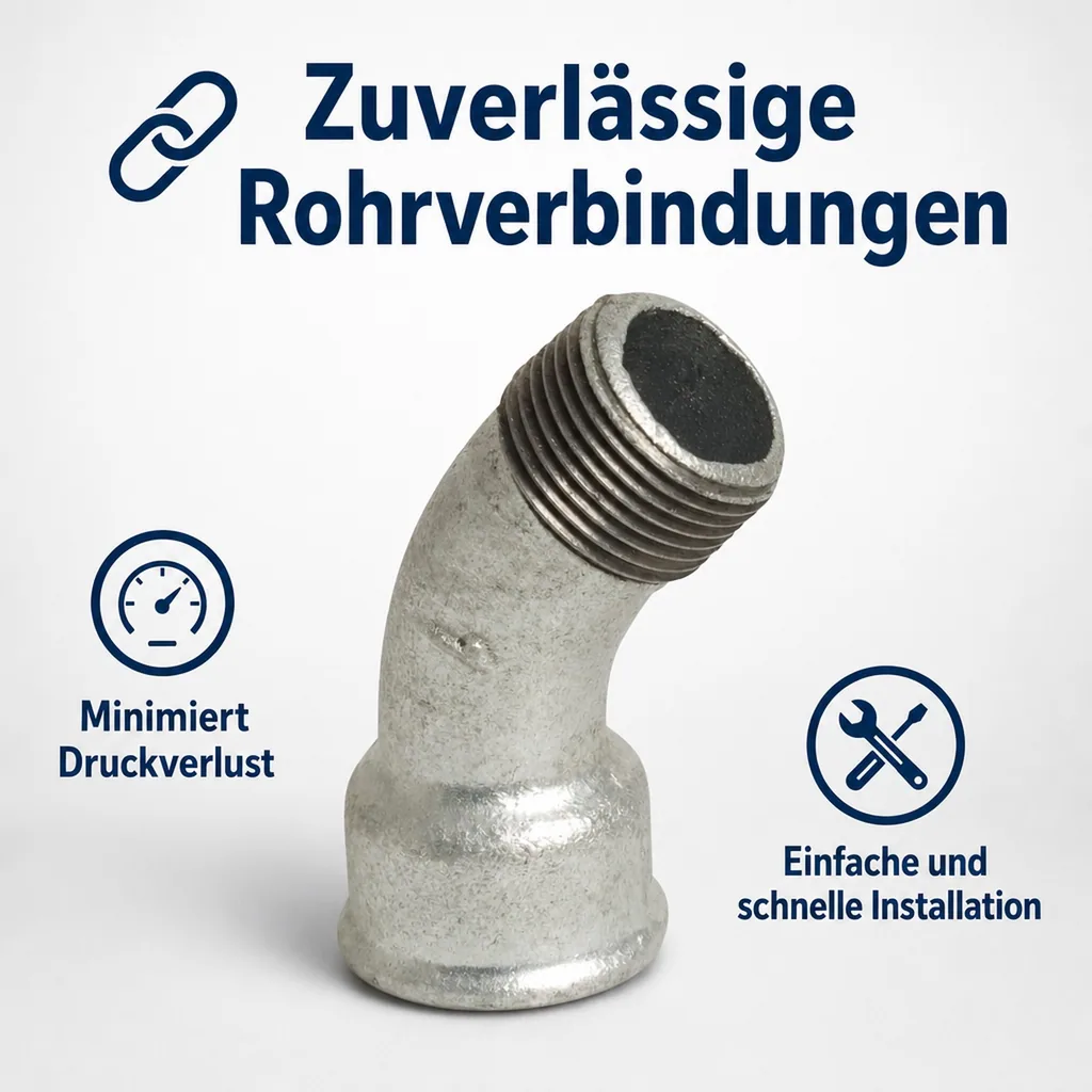 Gewindefitting, Temperguss Bogen 45°, 2" IG x 2" AG, verzinkt
